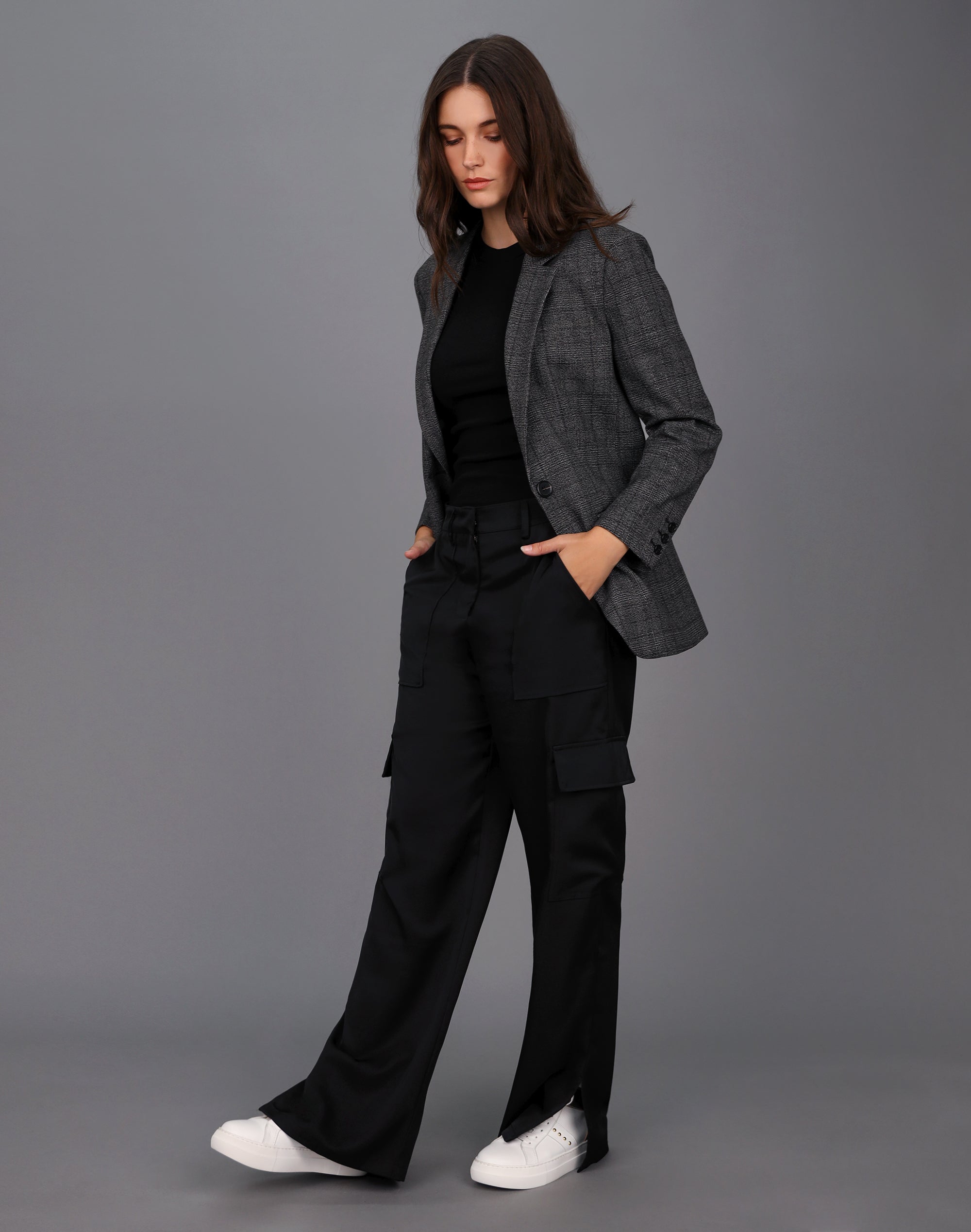 Grey blazer charcoal pants best sale