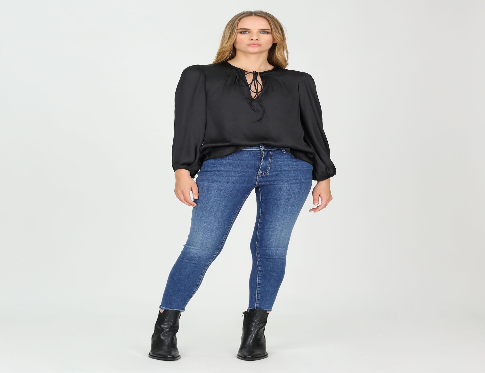 Fine Tie Satin Top - Black - Tops - Long Sleeve - Women's Clothing - Storm