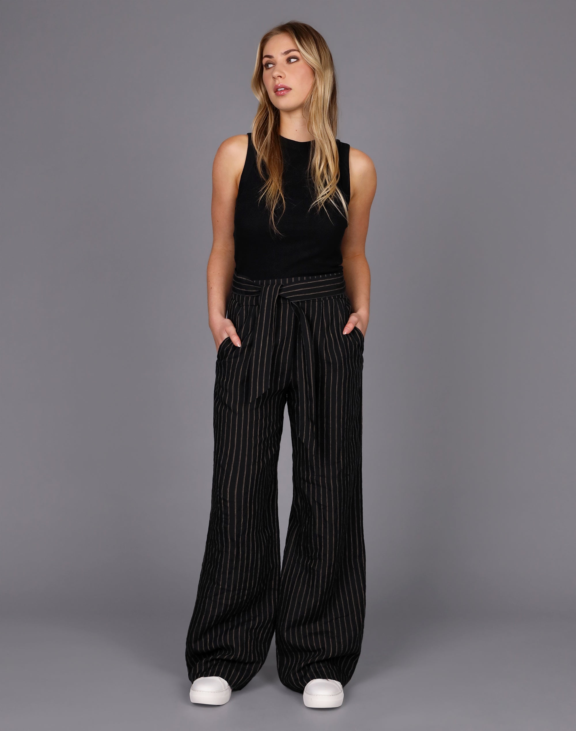 Linen Striped Pant Black Pants Full Length Women s