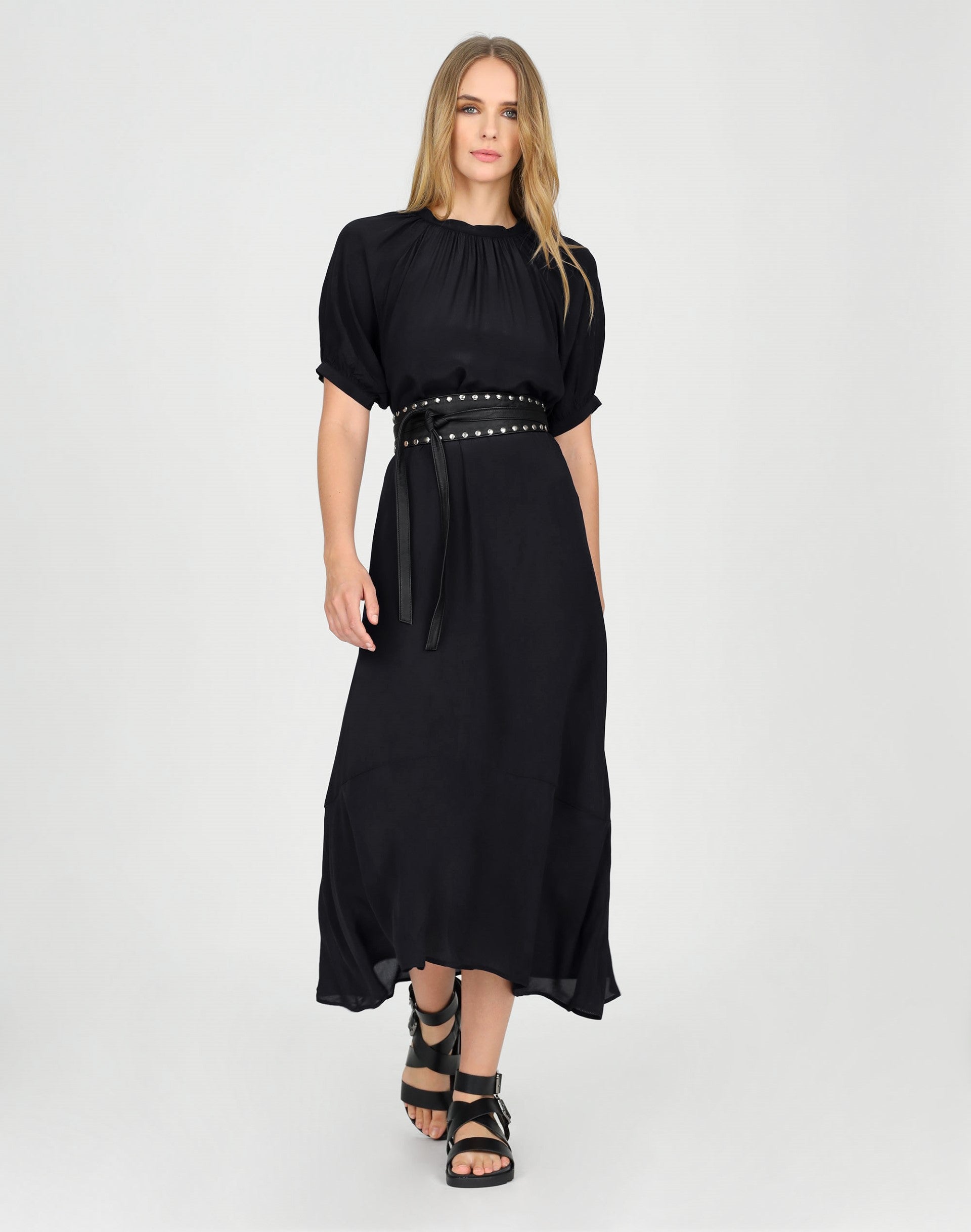 Short Sleeve Belted Dress Black Dresses Midi Women s