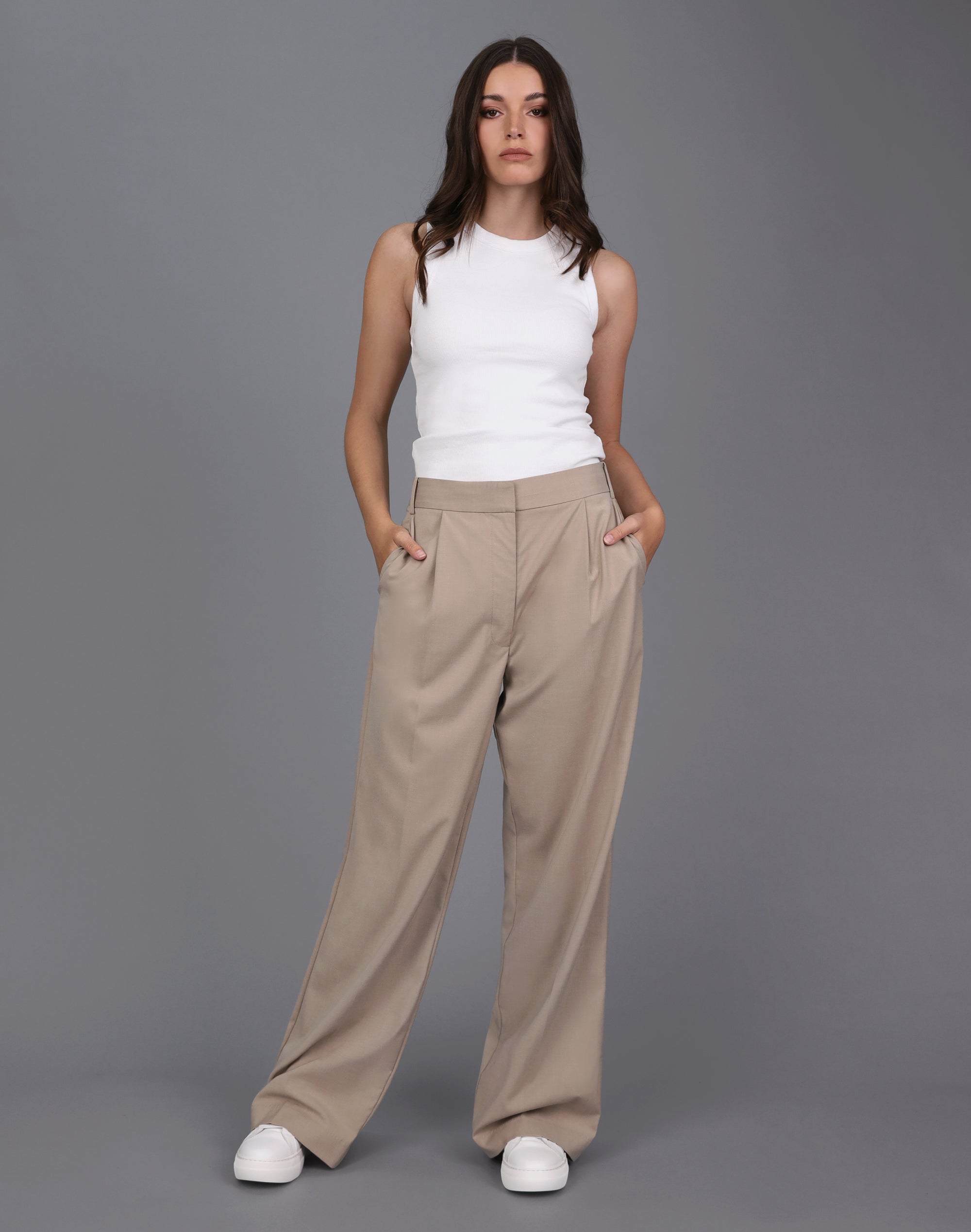 Taupe Tab Detail Wide Leg Pant - Beige - Pants - Full Length